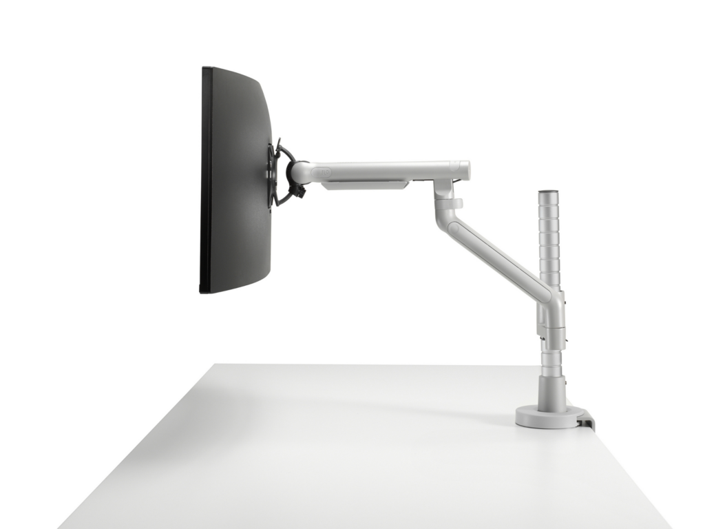 Flo Modular monitor arm silver viewed from the side.
