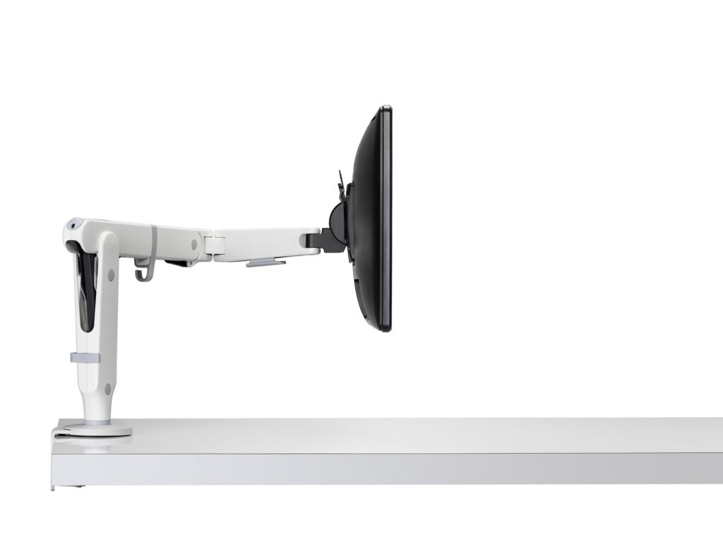 Ollin single monitor arm white viewed from the side.