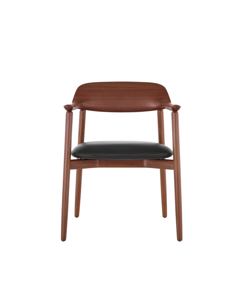 A Crosshatch Side Chair with a black leather seat pad and a wood frame in a medium finish, viewed from the front.