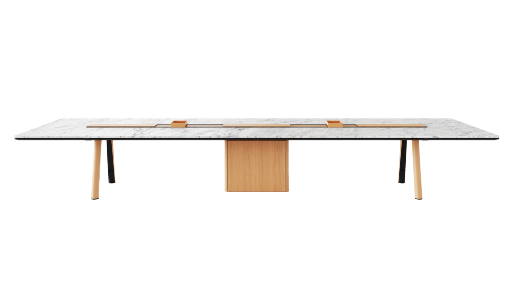 Ascent Conference Table designed by EOOS in White Carrara polished marble with natural rift cut oak base shown front-facing on a white sweep.