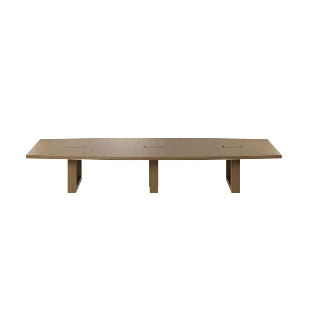 Boat-shaped Highline Fifty Conference Table in Natural Flat Cut Walnut with a Satin Nickel edge viewed from the front.