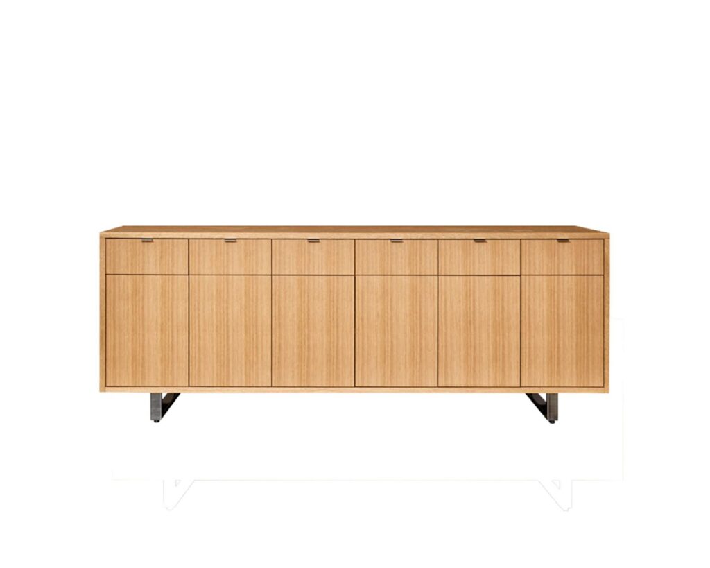 Highline 25 Credenza in Rift Cut European White Oak with Polished Chrome base and pulls, front view.