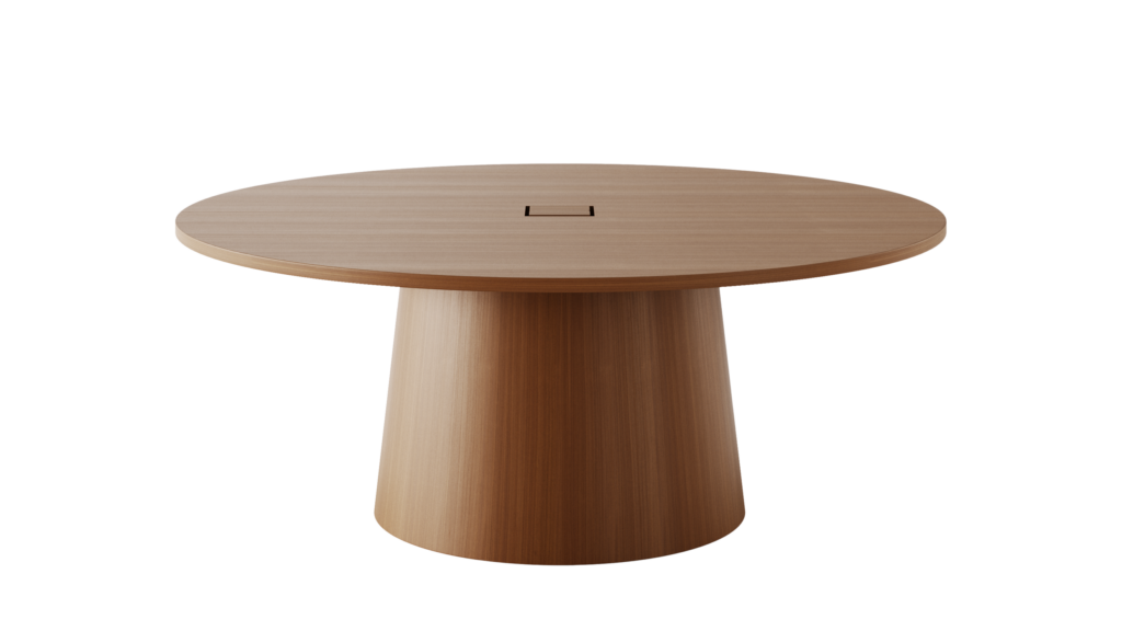 JD Meeting Table with round top and round tapered base in natural quarter cut walnut shown front-facing on a white sweep.