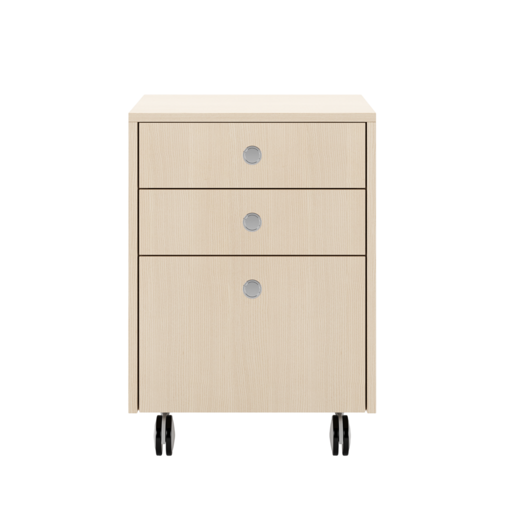 Sled Base Mobile Pedestal in ash with three drawers and chrome pulls on casters viewed from the font.
