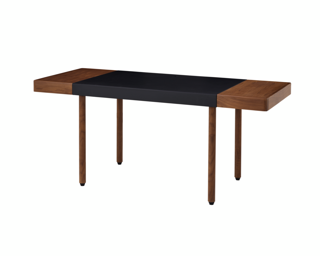 New Canaan Leatherwrap Sit-to-Stand Desk in Walnut and Black Leather, two drawers, angled view.