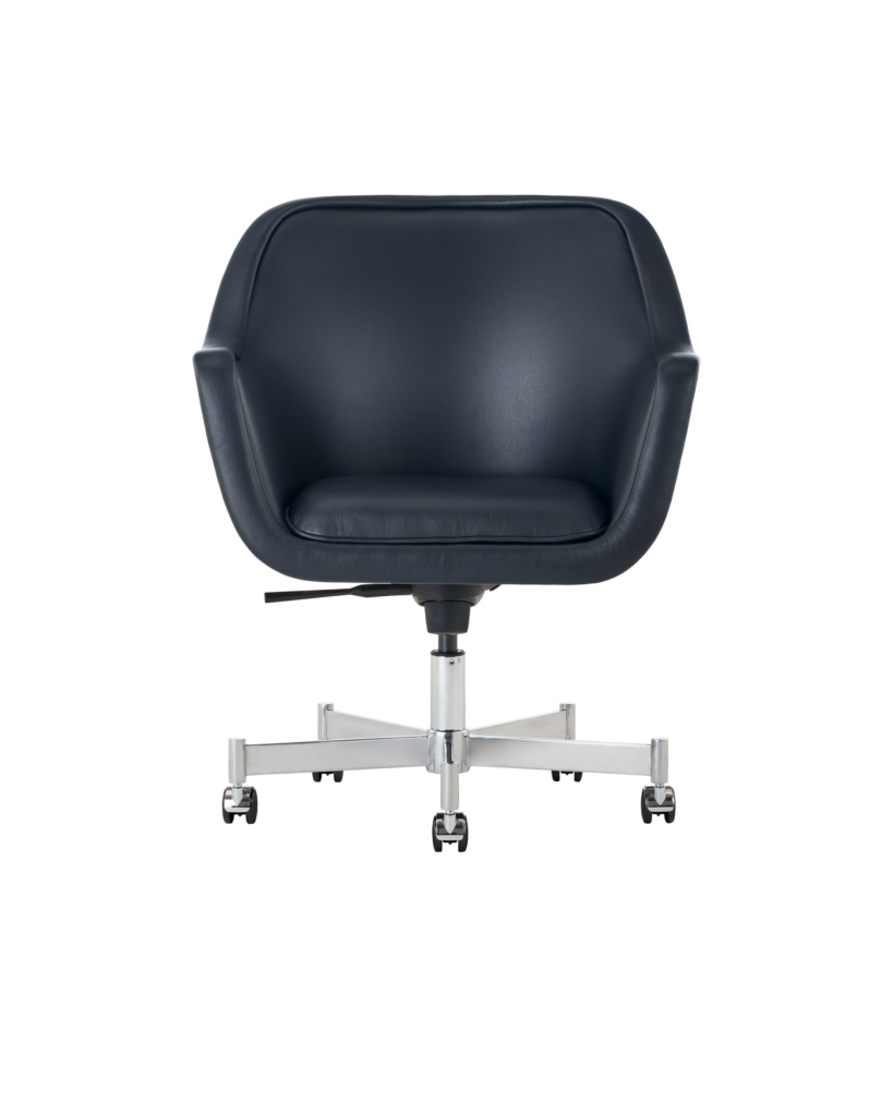 Bumper Chair with standard arms and five star base with casters, front view.