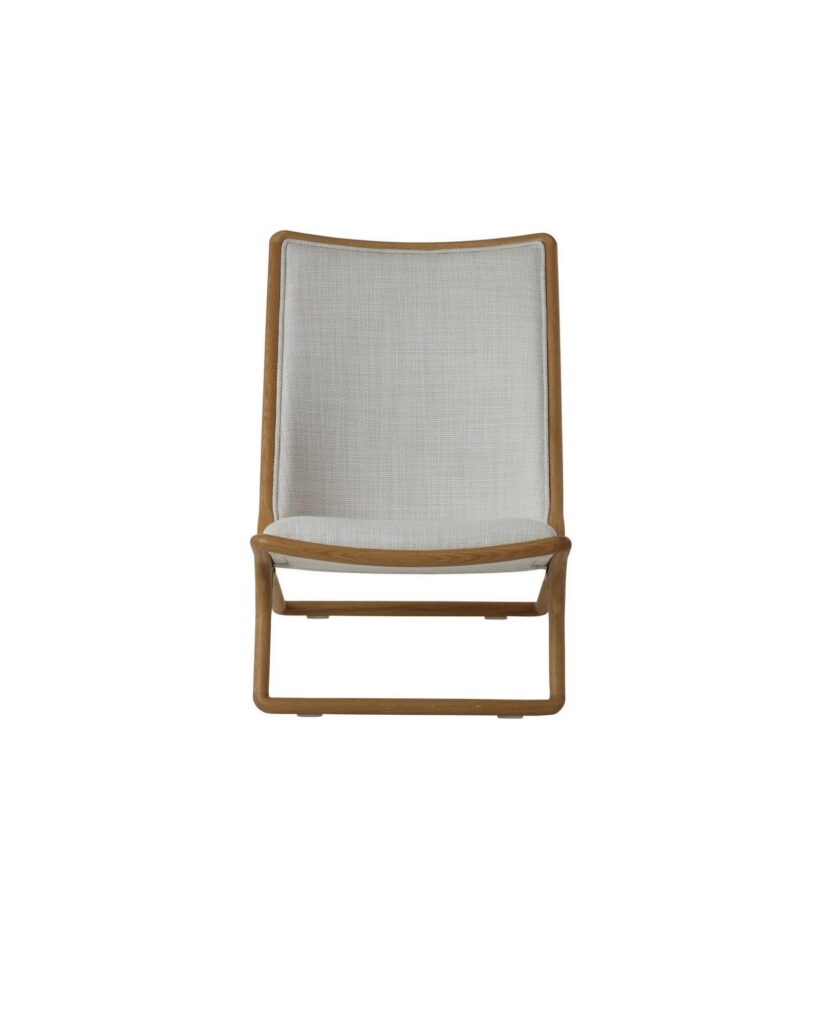 Scissor Chair by Ward Bennett for Geiger in Natural Oak with Capri in Show upholstery, front view on a white sweep.
