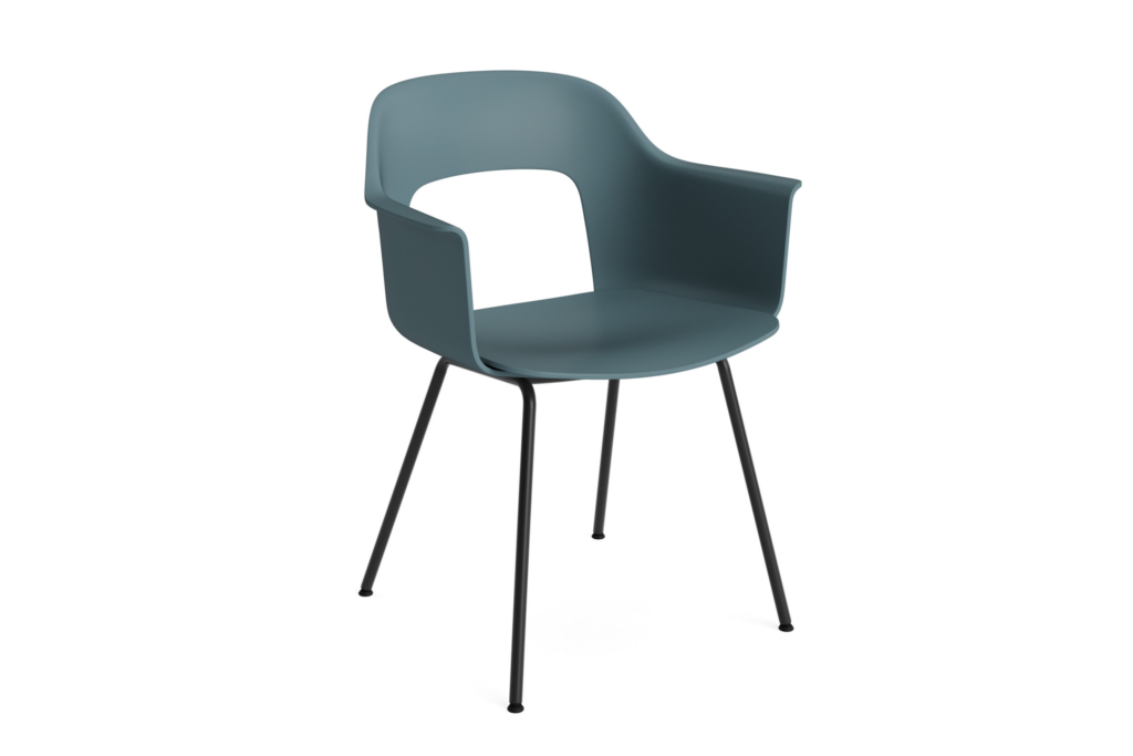 Plastic shell armchair on 4 metal legs, angled view