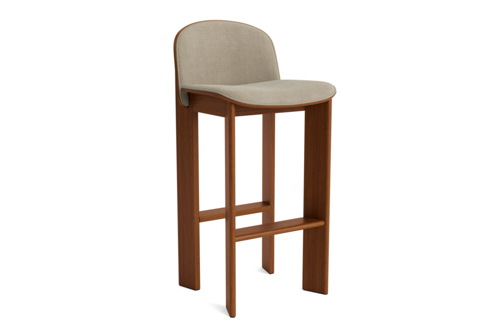 Chisel bar stool in walnut with front upholstery, angled view