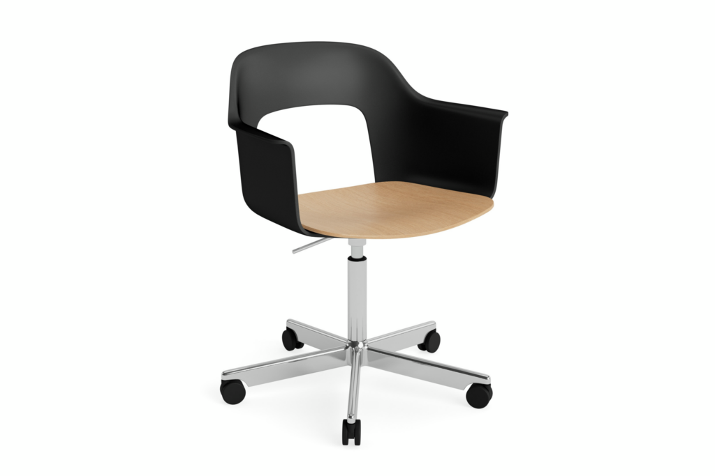 Layout Armchair black polypropylene arm shell with oak veneer seat on polished aluminum 5-star base with casters, front angled view.