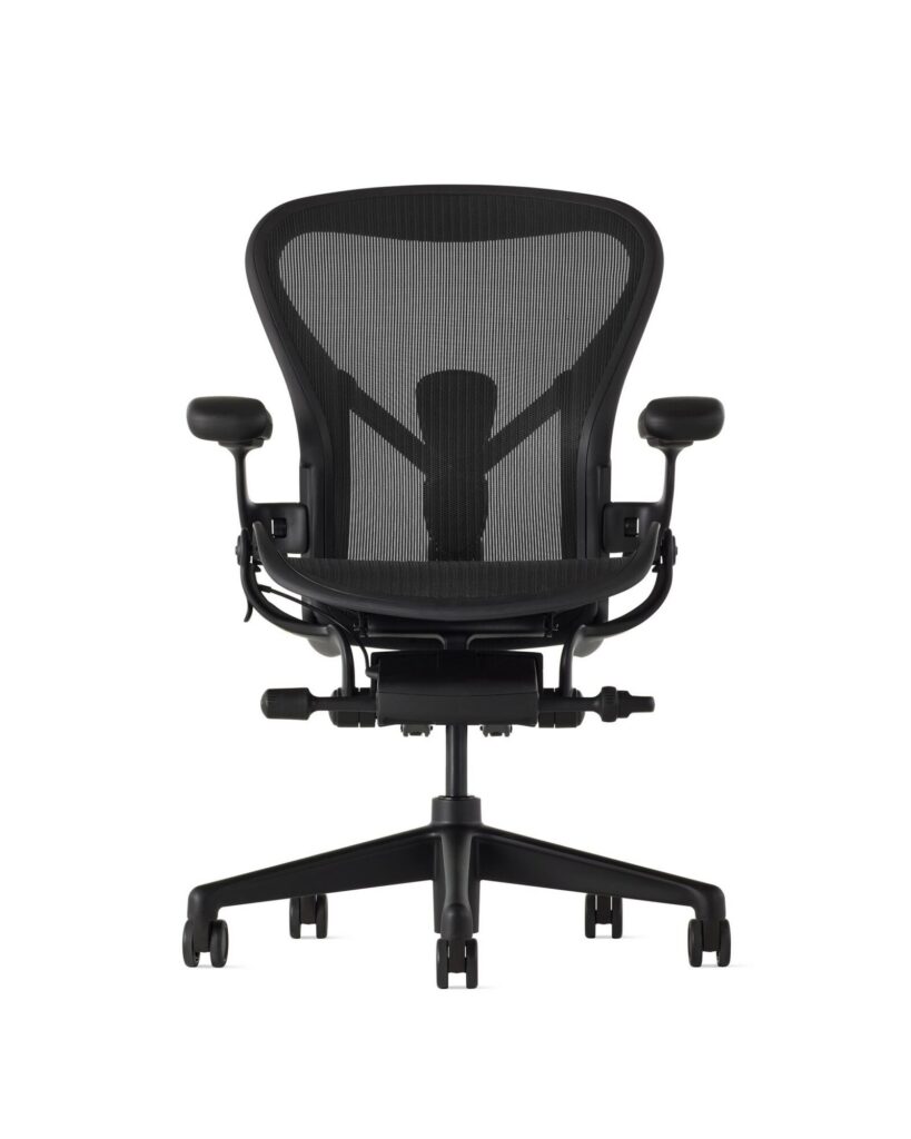 Black matte Aeron Chair on a white background with a 5-star base and ergonomic back support, viewed from the front.