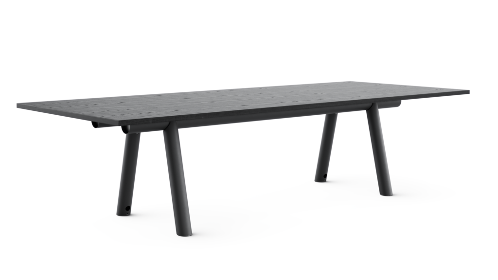 HAY Boa Table with black trestle base, and ebonized oak rectangle top.