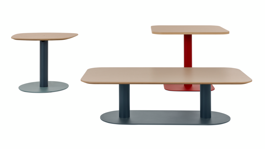 Group of Headway Cafe tables in multiple colors including soft rectangle occasional height, soft square seated height, and apple low conference height.