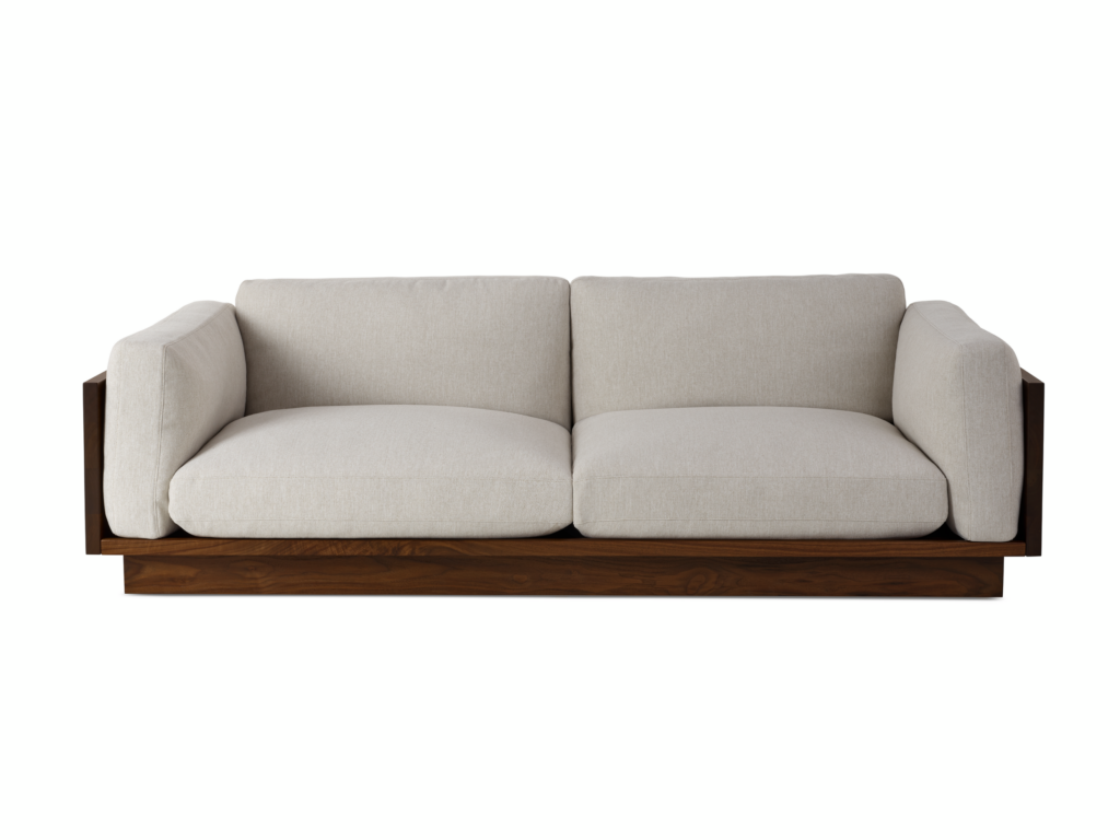 Pawson Drift Sofa 93" in walnut and grey cushions (Mode Clavicle)