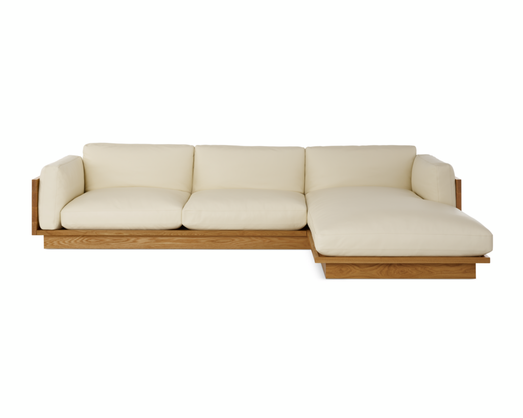 Pawson Drift Sectional in oak and white leather (Prone Leather Lotus)