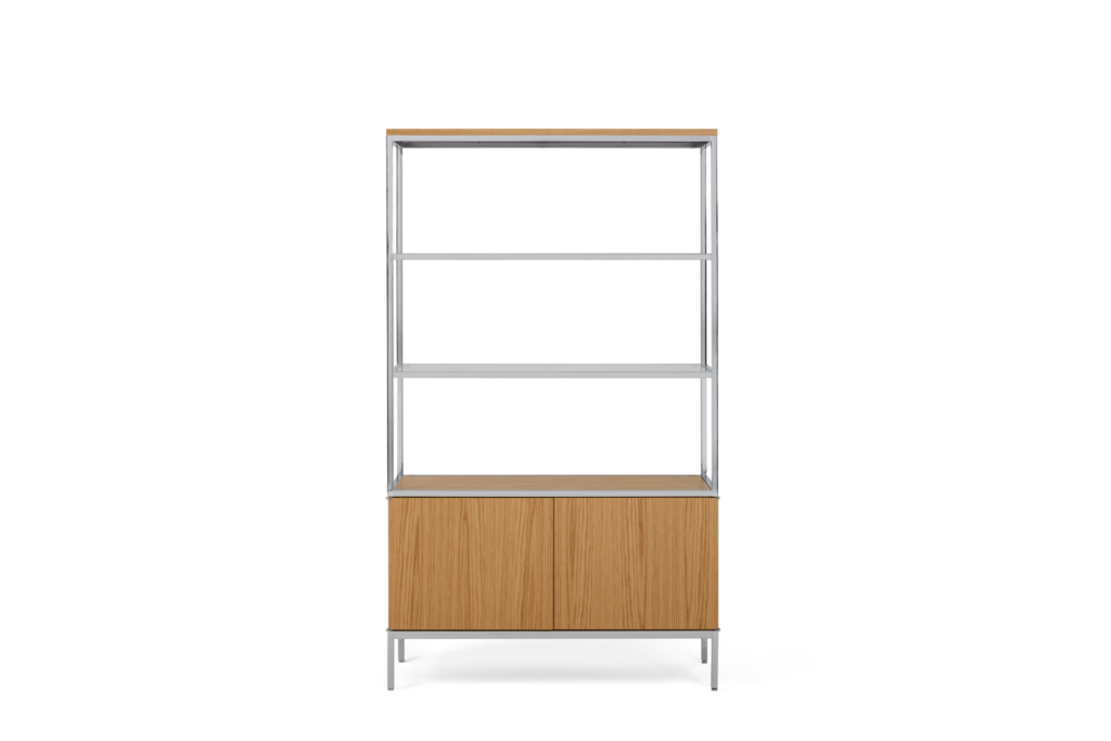 A Knoll Chermayeff Bookcase in Oak viewed from the front.