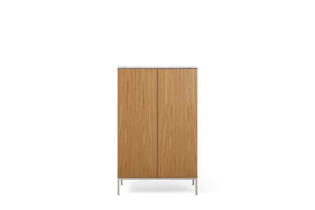 A Knoll Chermayeff Bar Cabinet in Oak, Carrara Satin Coated Marble viewed from the front.