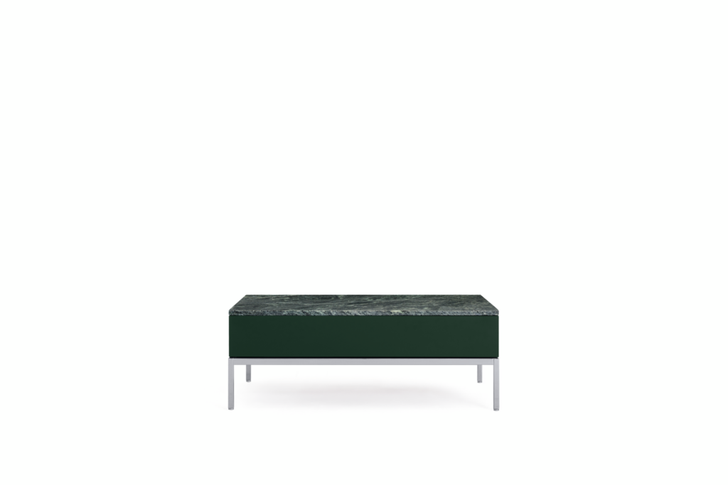 A Knoll Chermayeff Coffee Table in Dark Python Lacquer, Verdi Alpi Polished Coated Marble viewed from the front.