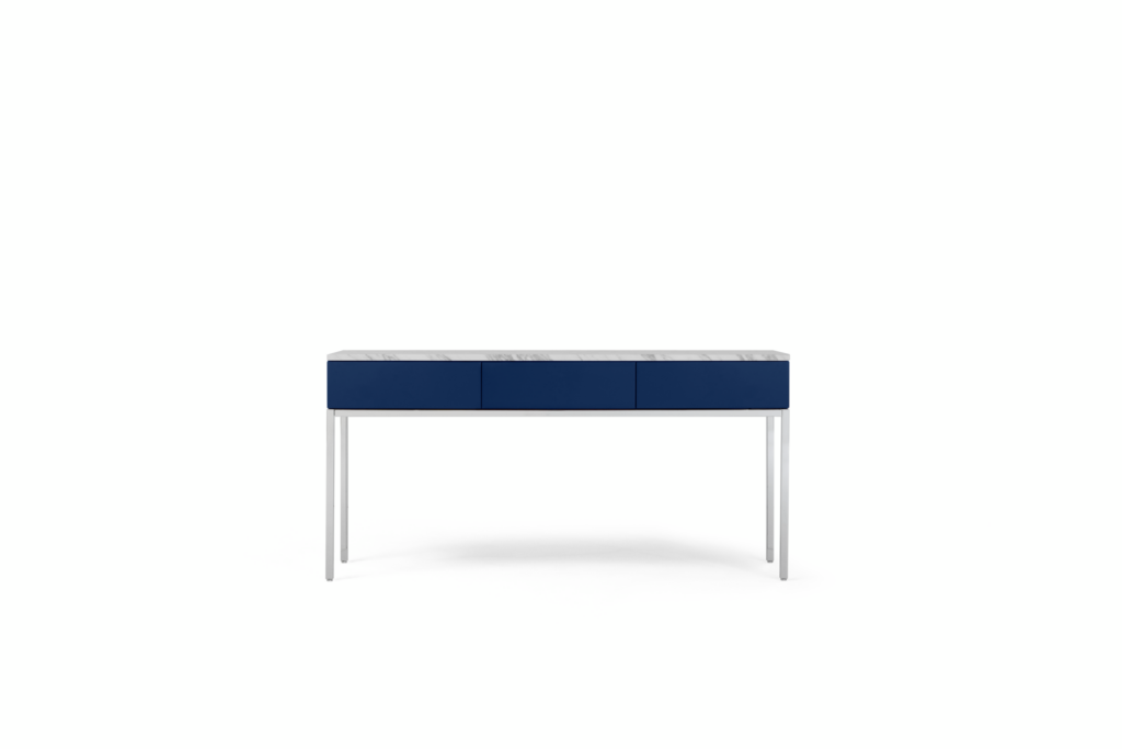 A Knoll Chermayeff Console Table in Iris Lacquer, Carrara Polished Coated Marble viewed from the front.