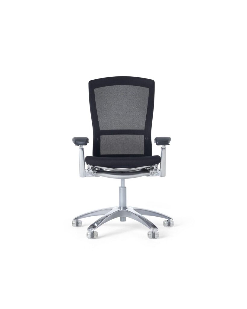 Front view of a Life chair with black suspension and seat and polished base.
