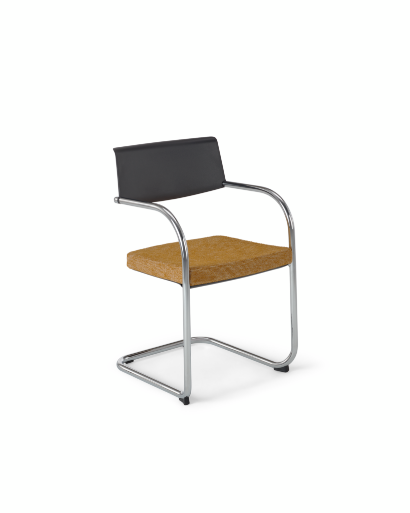 Moment Side Chair with a chrome frame finish, arms, a sled base, a black upholstered back, and a seat upholstered with Prisitini textile in the color Copper. White background.