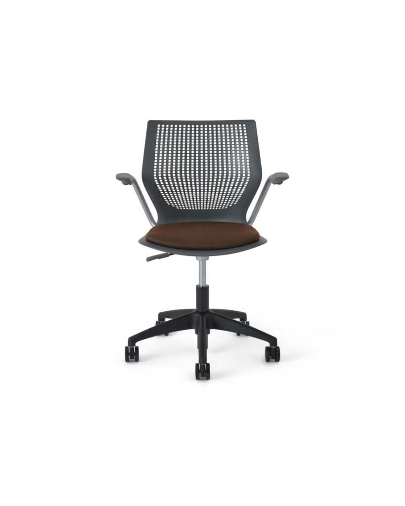 Multigeneration Light Task Chair with a silver frame, a black plastic base, arms, and a seat pad upholstered with reflect textile in the color Java (brown). White background.