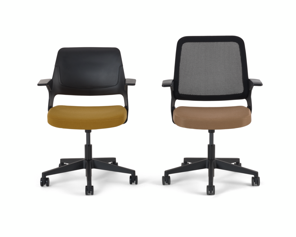 Ollo Light Task Chair with a black shell back, a 5-star plastic base, fixed arms, and a cushioned seat upholstered in Oh La La textile in the color Jam (burnt yellow) with an Ollo Light Task Chair with a black knit back. Ollo Light Task Chair with a black knit back, black 5-star plastic base, fixed arms, and a cushioned seat in Reflect textile in the color Brulee (burnt yellow). White background.