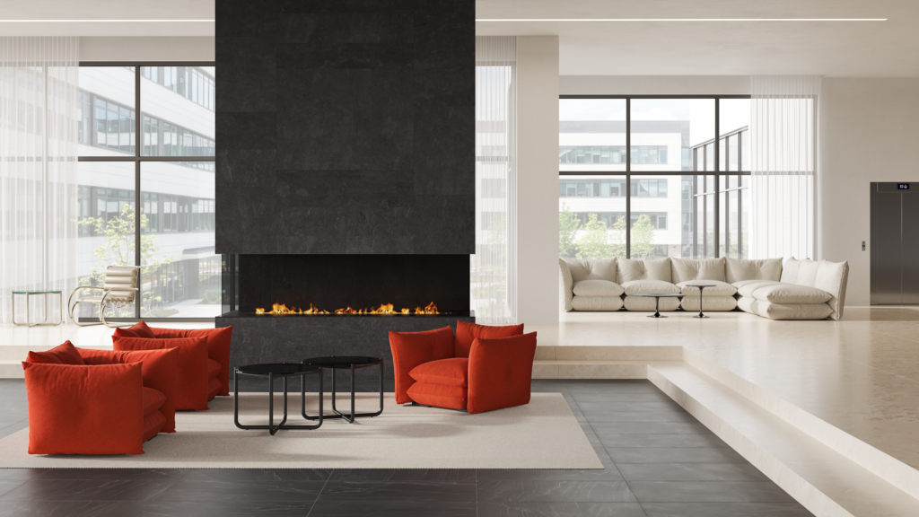 Three Perron Pillo Lounge Chairs in a plaza lounge setting.