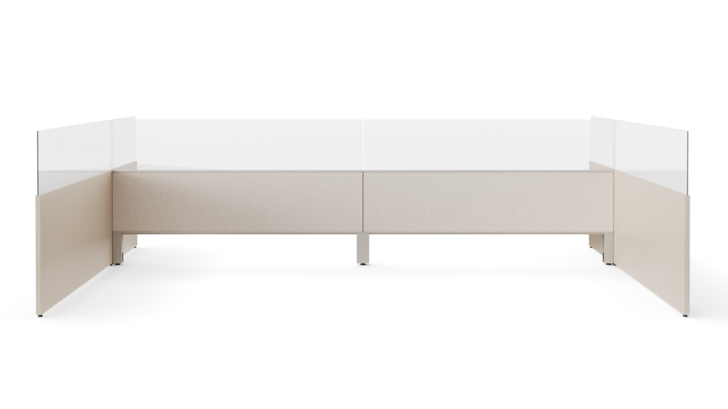 White sweep rendering of workstation screens with glass add ons viewed from straight on.