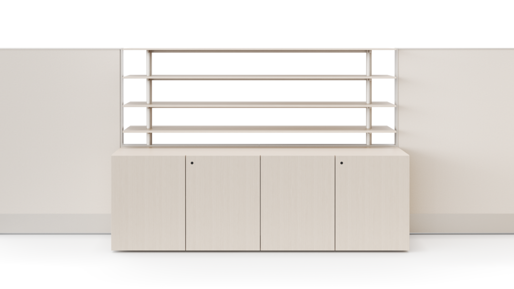 A credenza with closed doors is covered in a light veneer and has open shelving attached to the top of the credenza.