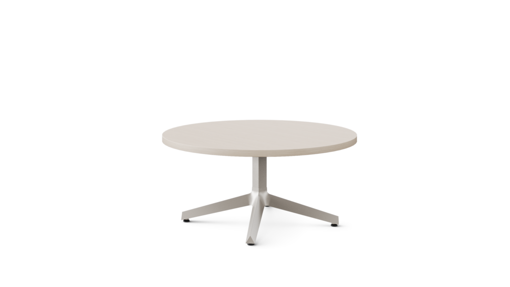 A three leg occasional table is shown in a light color veneer and light paint on the base.