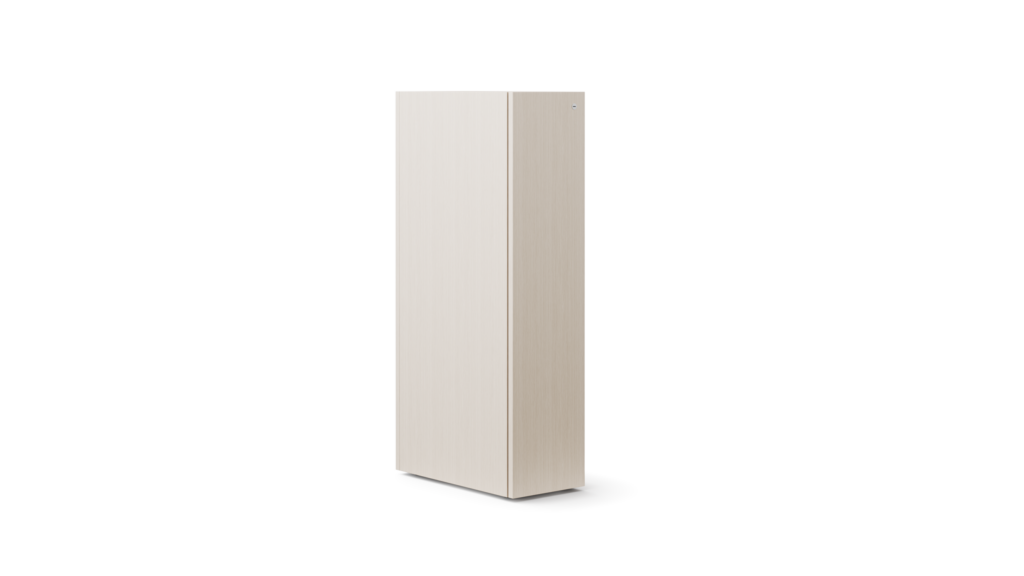 A storage locker is shown at an angle in a light color veneer.