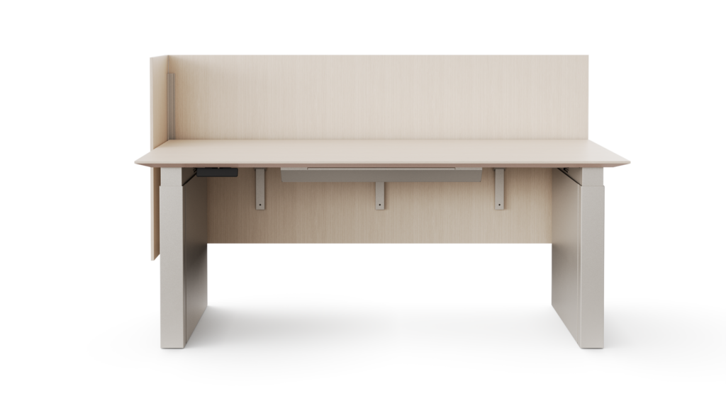 A rendering of a height adjustable table with shrouded legs and a surface attached screen on the back and one side of the table shown from straight on. The finishes of all the materials are a light color.