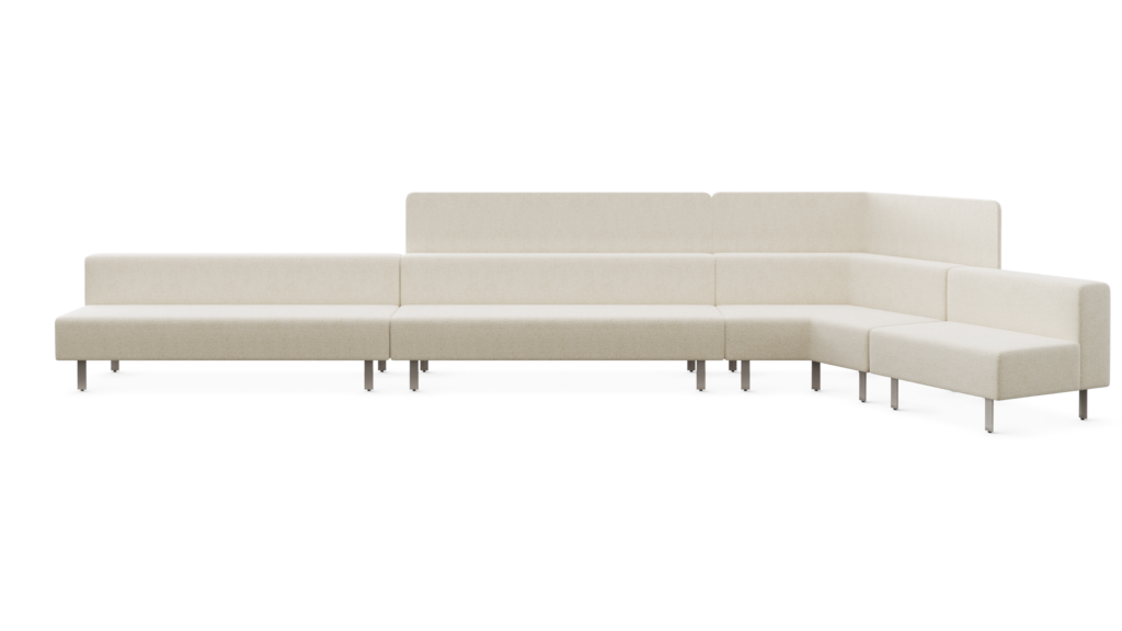 A white sweep rendering of a skyline lounge seating with privacy screens attached to the back of the seats.