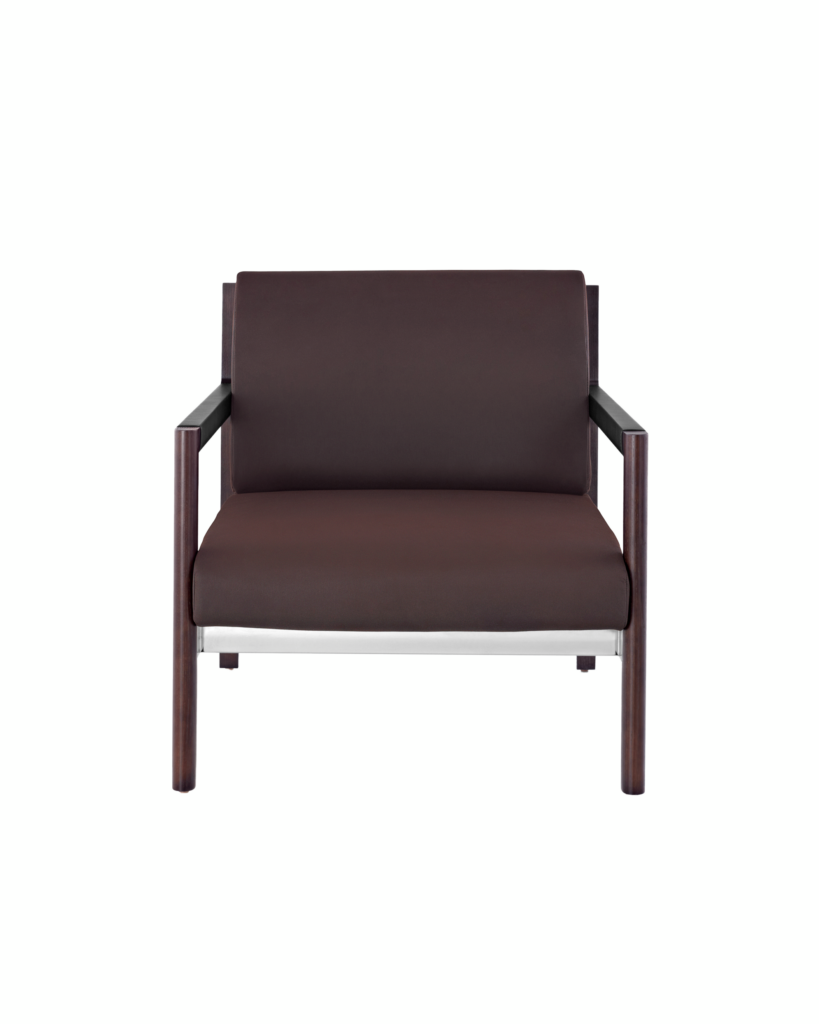 Black-and-white image of the seat and back of a Brabo club chair, viewed from the front.