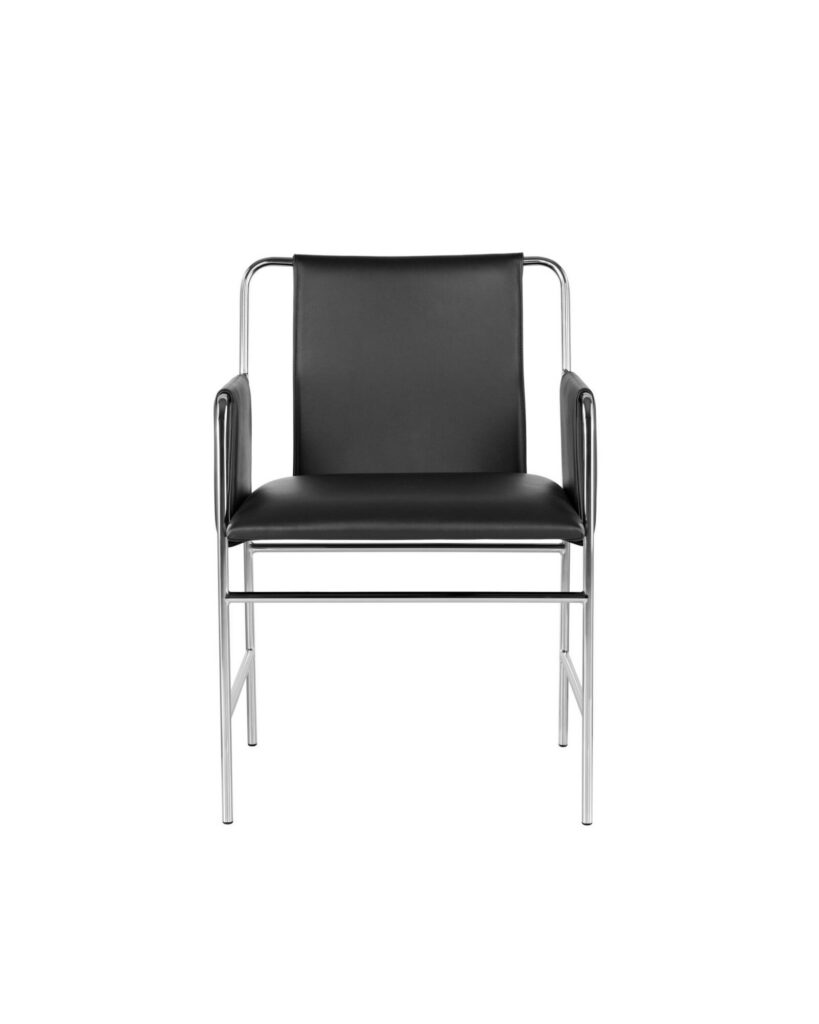 An Envelope side chair with black leather upholstery and a tubular steel frame, viewed from the front.