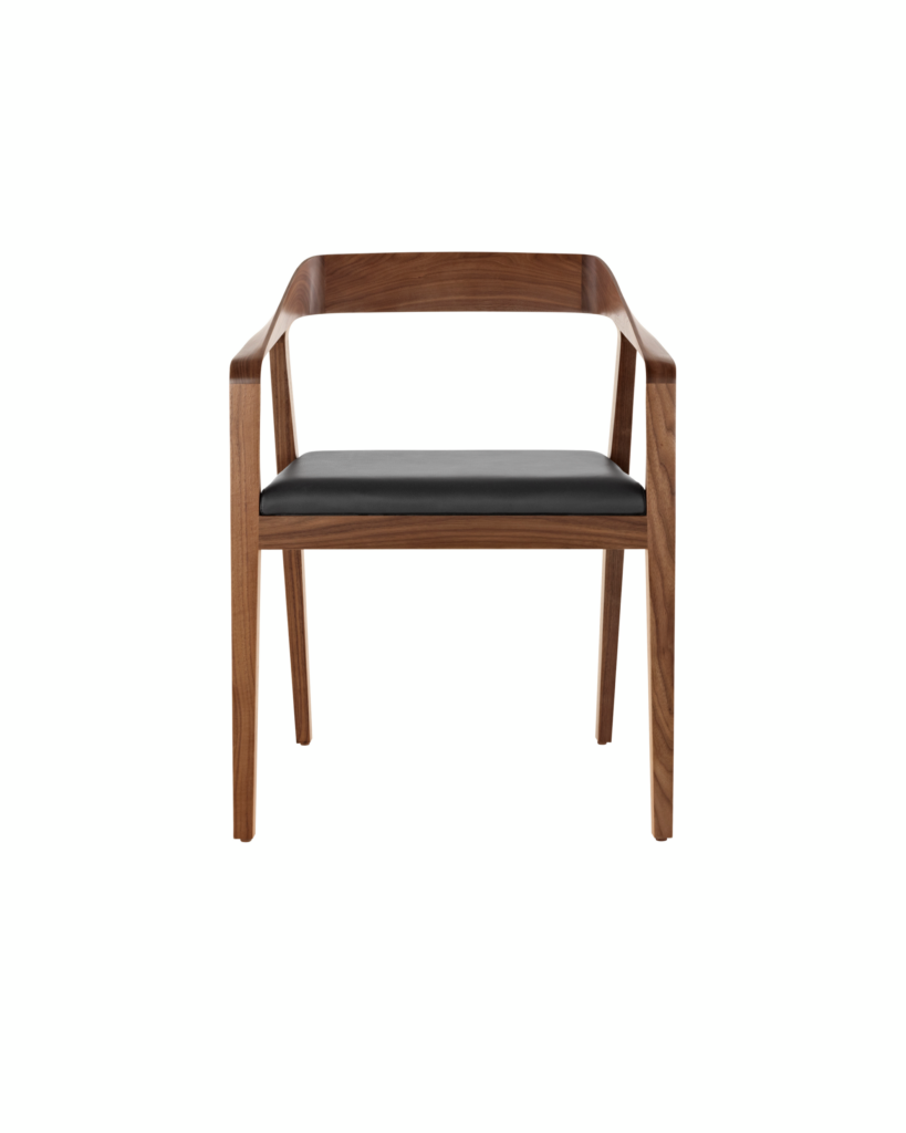 A Full Twist Guest Chair with a black leather seat pad and a wood frame in a medium finish, viewed from the front.