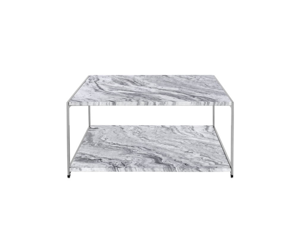 An H Frame coffee table with a metal frame and stone upper and lower surfaces.