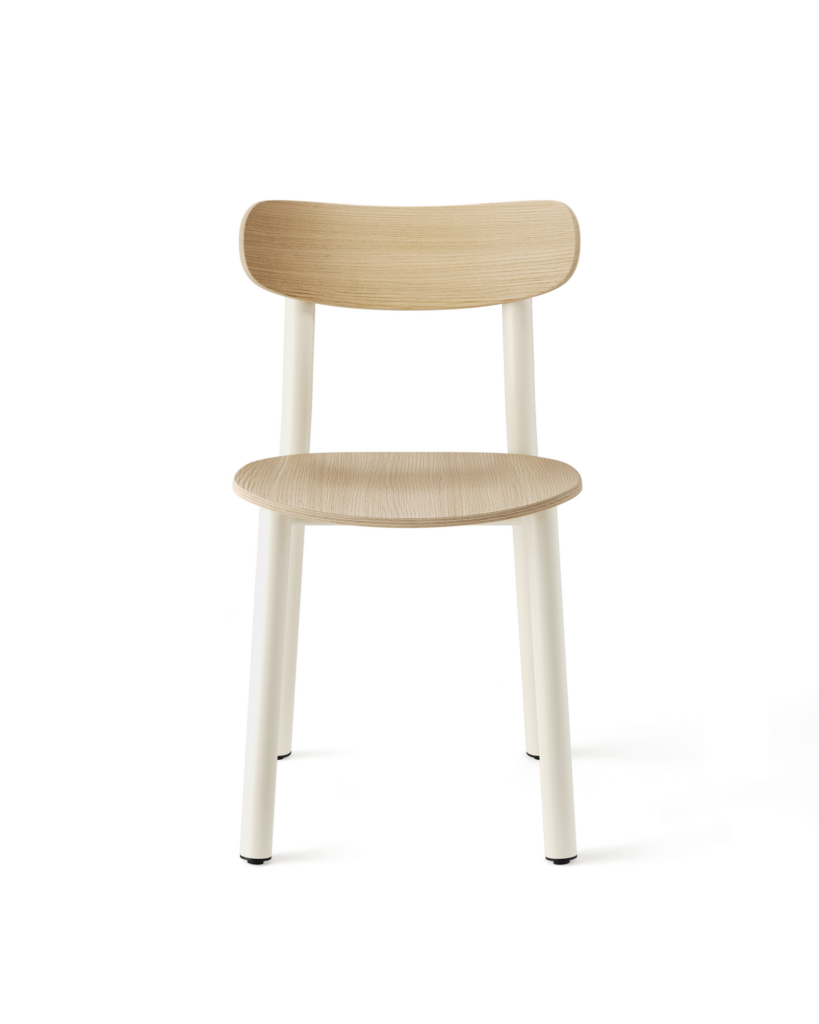 White background shot of Lotti Chair with Oyster frame and Oak seat and back