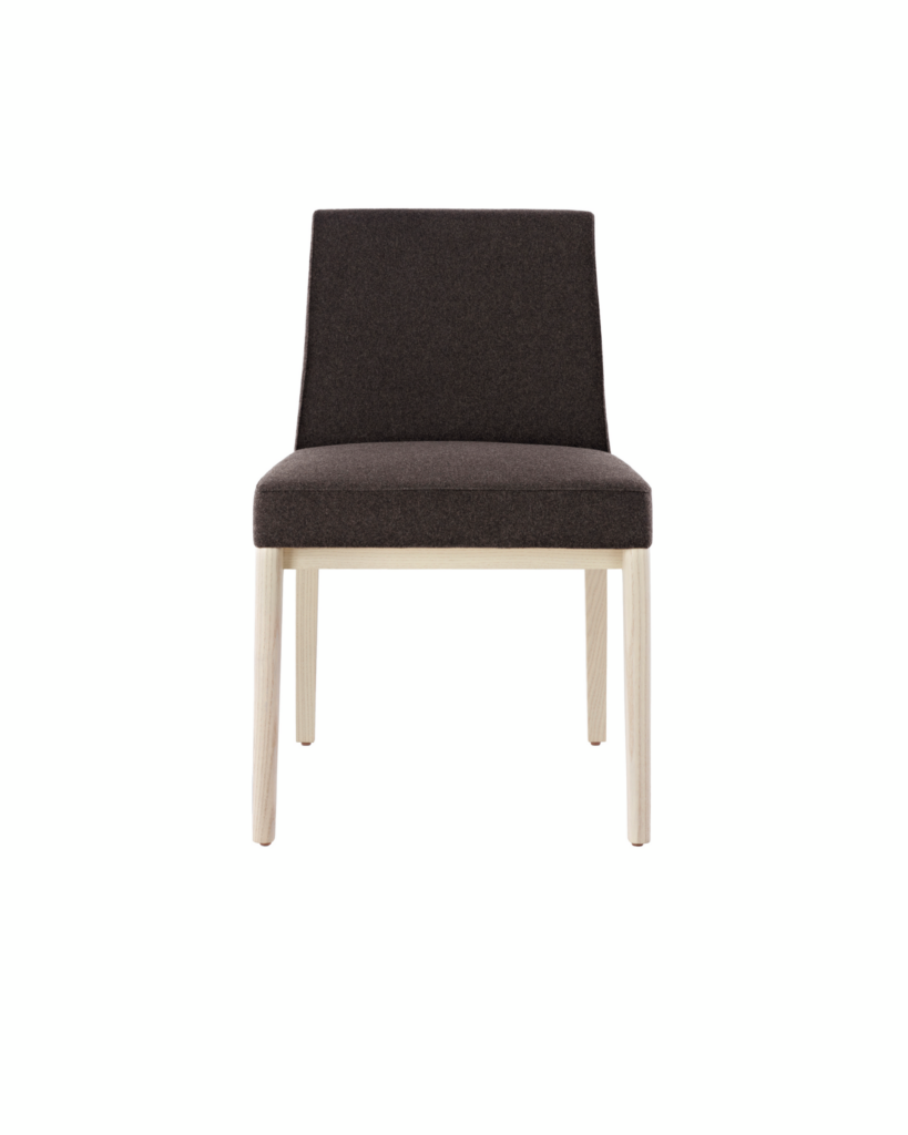 An armless Nessel side chair with black fabric upholstery and a wood frame with a light finish, viewed from the front.
