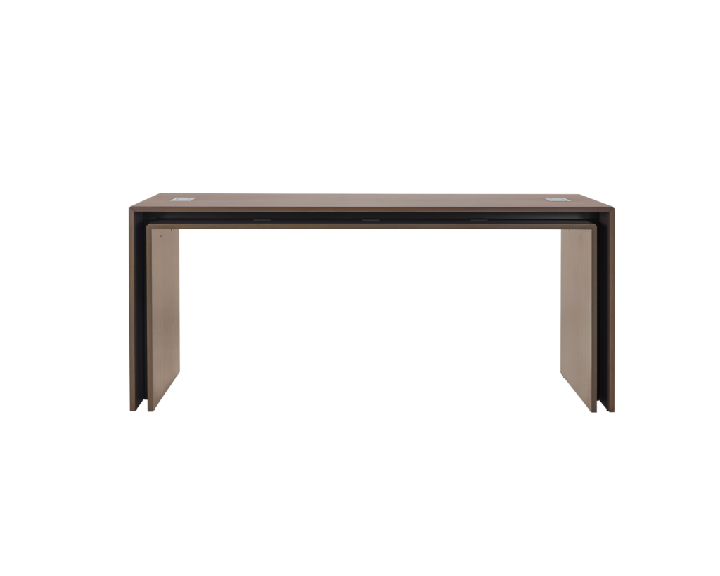 A rectangular Peer Table in a dark wood finish, viewed from the front.