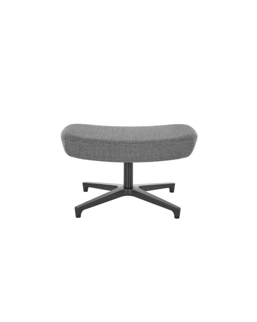 A rectangular Saiba ottoman with gray upholstery and a four-star base.