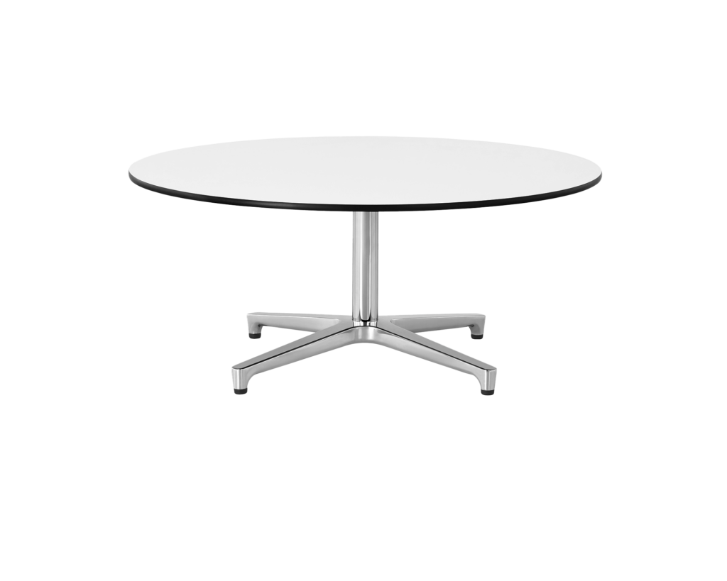 The upper portion of a round Saiba occasional table, showing the white back-painted glass top.