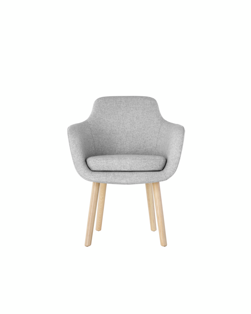 A Saiba Side Chair with light gray upholstery and wood legs in a light finish, viewed from the front.