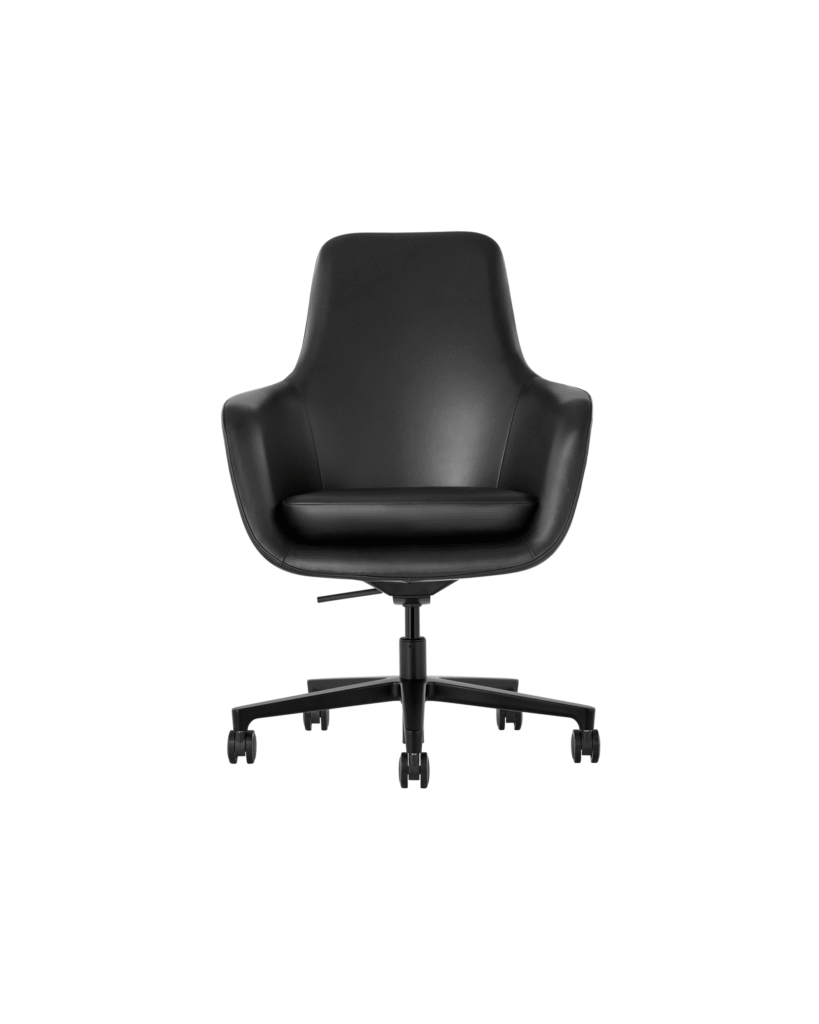 A high-back Saiba office chair with black leather upholstery and a five-star base, viewed from the front.