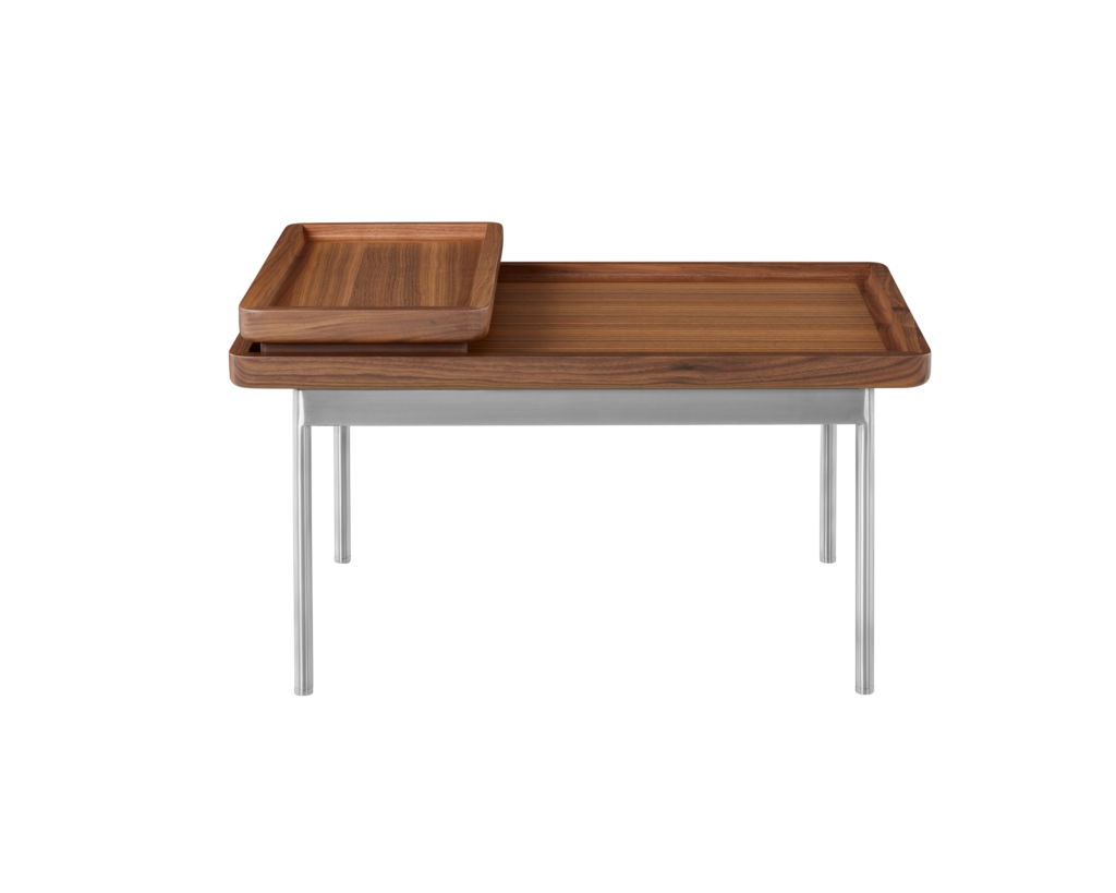 A Tuxedo Component Lounge Table featuring a Natural Walnut top and Satin Chrome Base.
