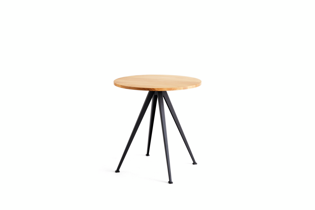 A front view of the Pyramid Cafe Table- round with Oak top and black frame.