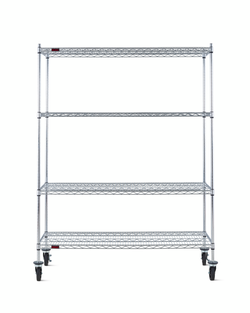 Front view of a wire shelving storage unit on casters with four shelves.