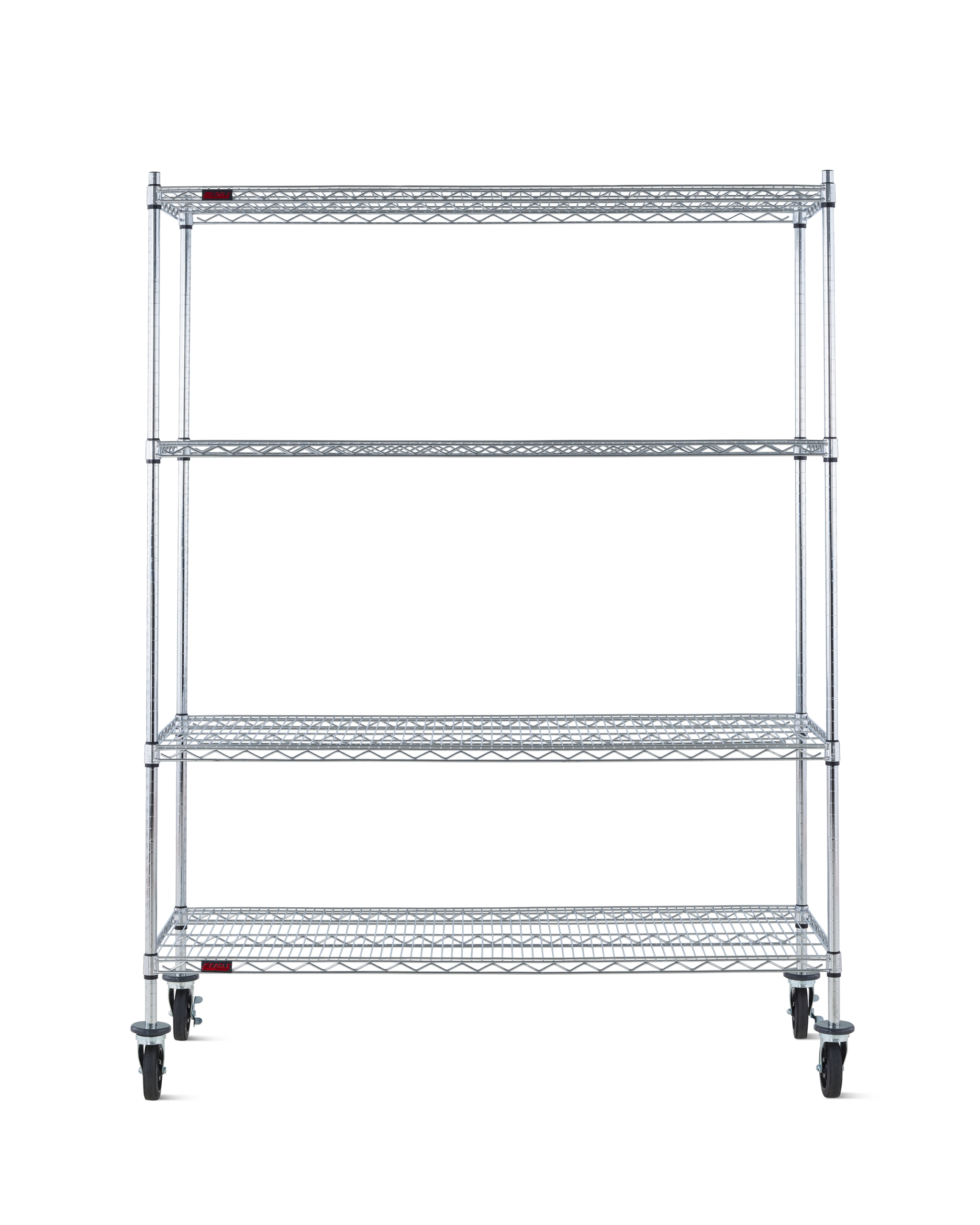 Front view of a wire shelving storage unit on casters with four shelves.