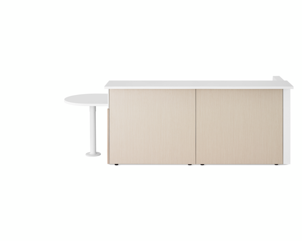 Ethospace Nurses Station in a light wood finish with transaction surface and ADA peninsula surface in white.